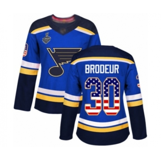 Women's St. Louis Blues #30 Martin Brodeur Authentic Blue USA Flag Fashion 2019 Stanley Cup Final Bound Hockey Jersey - Ujersey
