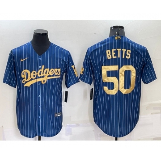 Men's Los Angeles Dodgers #50 Mookie Betts Navy Blue Gold Pinstripe Stitched MLB Cool Base Nike Jersey - Ujersey