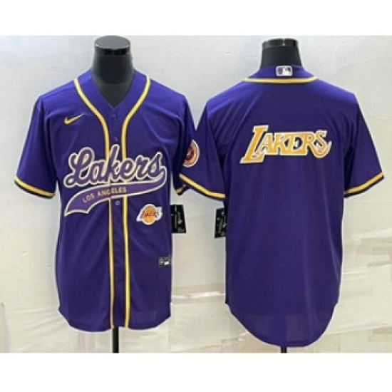 Men's Los Angeles Lakers Purple Big Logo With Cool Base Stitched Baseball Jerseys - Ujersey