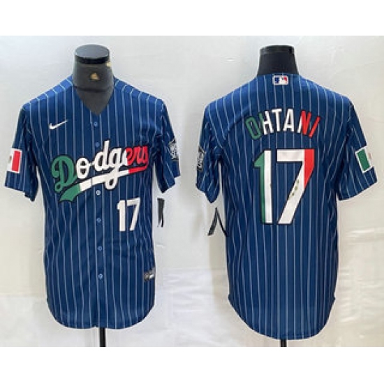 Men's Los Angeles Dodgers #17 Shohei Ohtani Number Mexico Blue Pinstripe Cool Base Stitched Jerseys - Ujersey