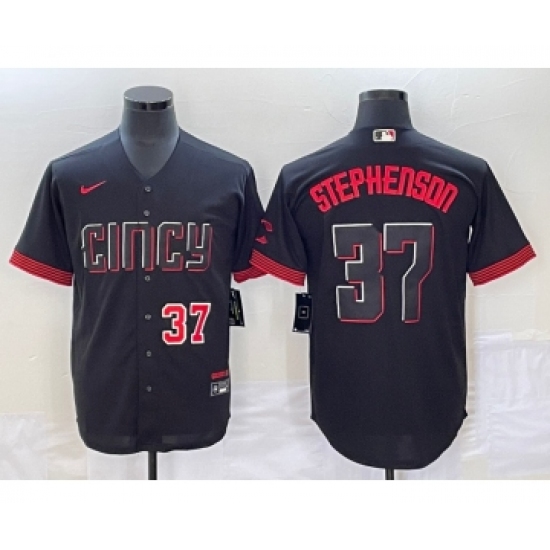 Men's Cincinnati Reds #37 Tyler Stephenson Number Black 2023 City Connect Cool Base Stitched Jersey1 - Ujersey