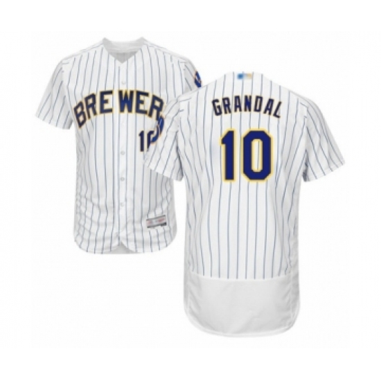Men's Milwaukee Brewers #10 Yasmani Grandal White Home Flex Base Authentic Collection Baseball Jersey - Ujersey