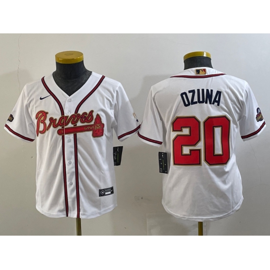 Youth Atlanta Braves #20 Marcell Ozuna White Gold World Series Champions Cool Base Stitched Jersey - Ujersey