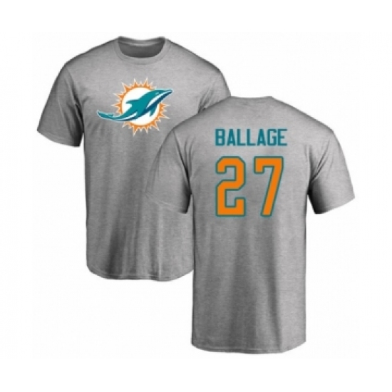 Football Miami Dolphins #27 Kalen Ballage Ash Name & Number Logo T-Shirt - Ujersey