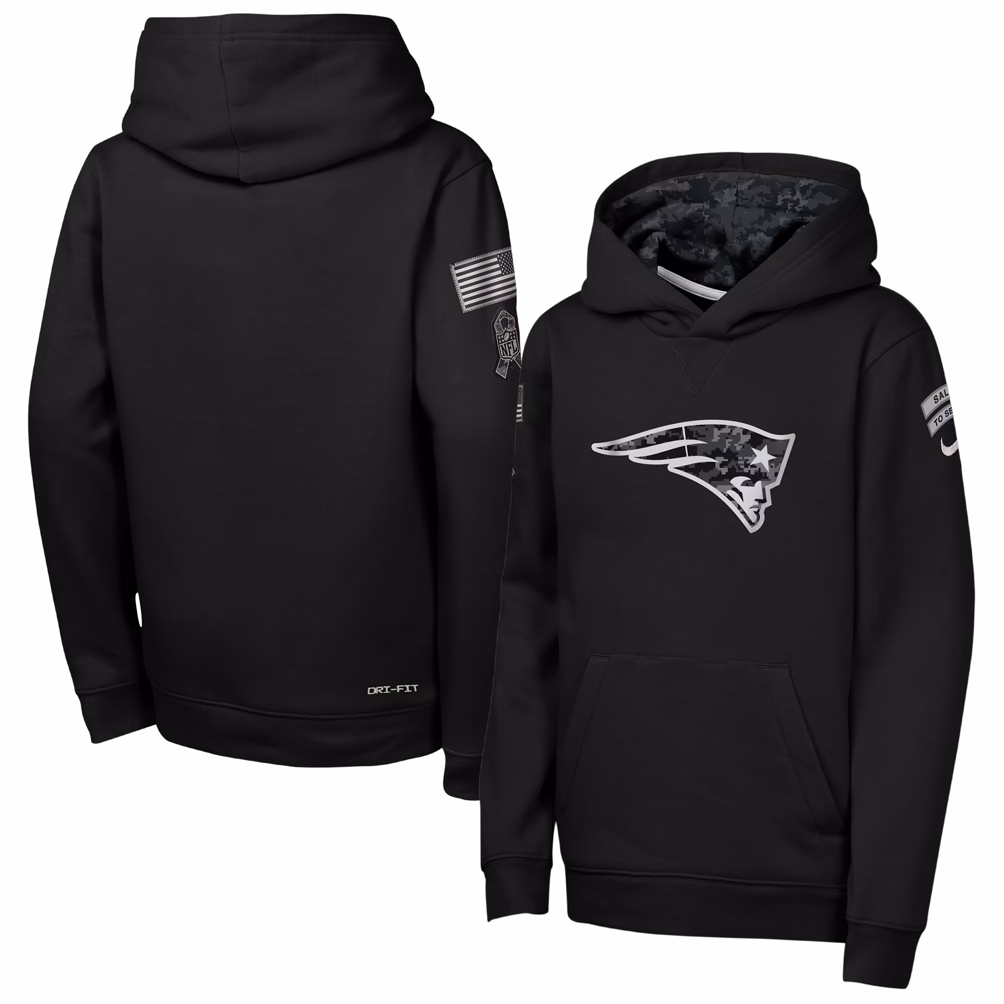 Youth New England Patriots  Nike Black 2026 Salute to Service Club Fleece Pullover Hoodie - Ujersey