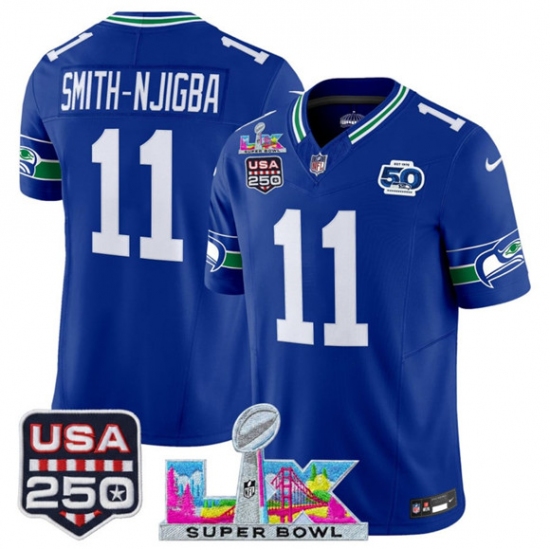 Men's Seattle Seahawks #11 Jaxon Smith-Njigba Royal 2025 F.U.S.E. Super Bowl LX And 50th Season & USA 250 Vapor Throwback Limited Football Stitched Jersey