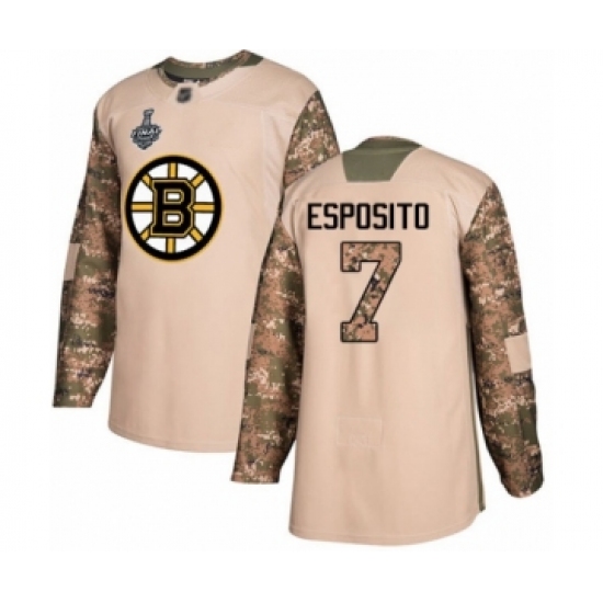 Youth Boston Bruins #7 Phil Esposito Authentic Camo Veterans Day Practice 2019 Stanley Cup Final Bound Hockey Jersey