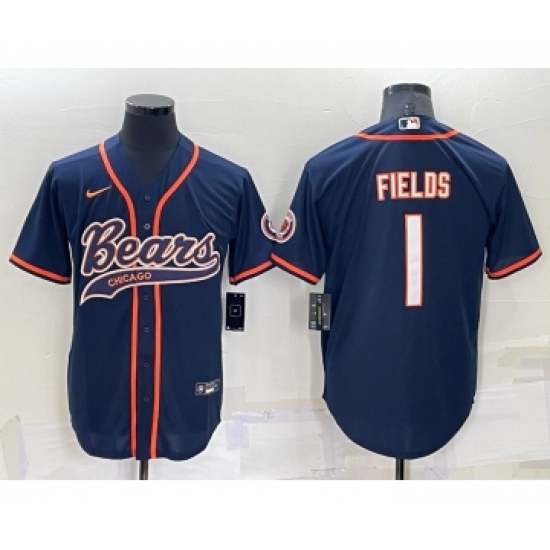 Men's Chicago Bears #1 Justin Fields Navy Blue Stitched MLB Cool Base Nike Baseball Jersey - Ujersey