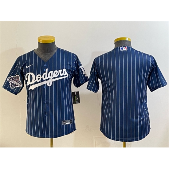 Youth Los Angeles Dodgers Blank Navy Pinstripe 2025 World Series Champions Cool Base Stitched Baseball Jersey - Ujersey
