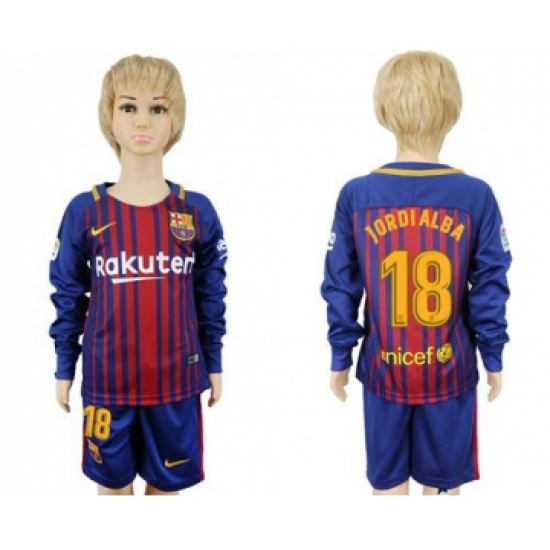 Barcelona #18 Jordi Alba Home Long Sleeves Kid Soccer Club Jersey