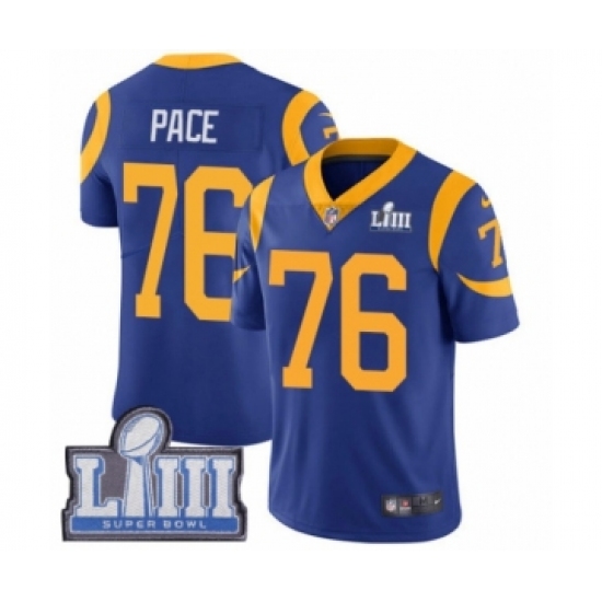 Youth Nike Los Angeles Rams #76 Orlando Pace Royal Blue Alternate Vapor Untouchable Limited Player Super Bowl LIII Bound NFL Jersey - Ujersey