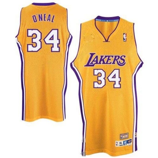 Men's Adidas Los Angeles Lakers #34 Shaquille O'Neal Authentic Gold Throwback NBA Jersey - Ujersey