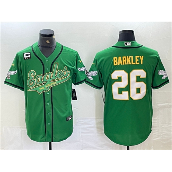 Men's Philadelphia Eagles #26 Saquon Barkley Green Gold With 3-star C Cool Base Baseball Stitched Jersey - Ujersey