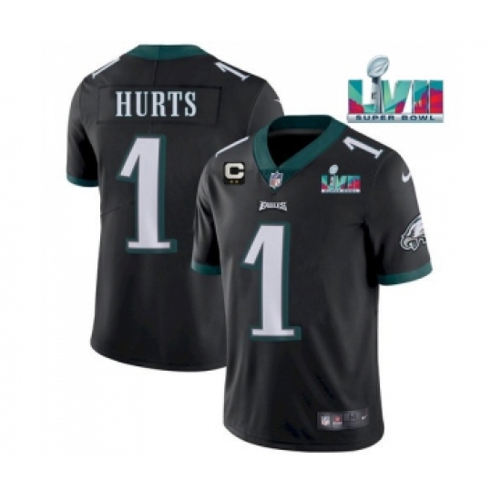 Men's Philadelphia Eagles #1 Jalen Hurts Black Super Bowl LVII Patch And 2-star C Patch Vapor Untouchable Limited Stitched Jersey - Ujersey
