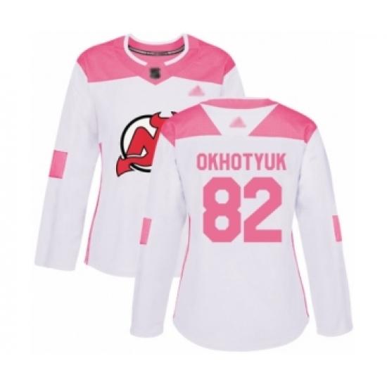 Women's New Jersey Devils #82 Nikita Okhotyuk Authentic White Pink Fashion Hockey Jersey