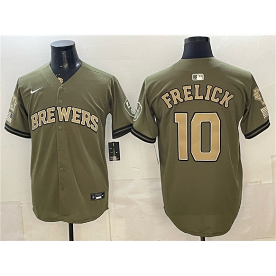 Men's Milwaukee Brewers #10 Sal Frelick Olive 2026 Armed Forces Day Stitched Baseball Jersey - Ujersey