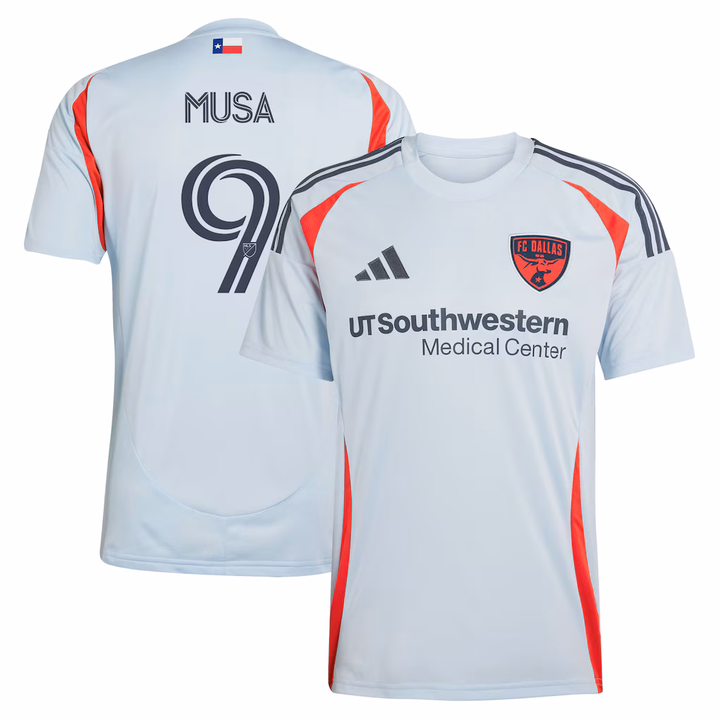 Men's FC Dallas Petar Musa adidas Light Blue 2025 The Inferno Kit Replica Player Jersey - ujerseystore