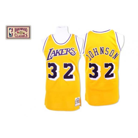 Men's Mitchell and Ness Los Angeles Lakers #32 Magic Johnson Authentic Gold Throwback NBA Jersey - Ujersey