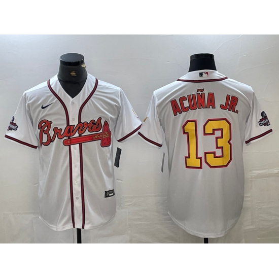Men's Atlanta Braves #13 Ronald Acuna Jr White Gold 2021 World Series Champions Stitched Cool Base Jersey - Ujersey