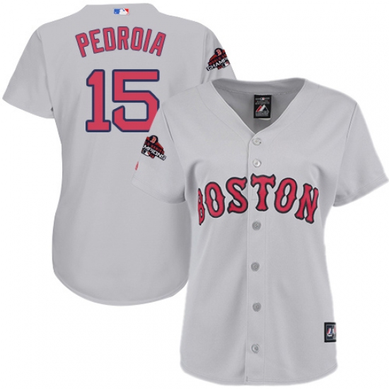 Women's Majestic Boston Red Sox #15 Dustin Pedroia Authentic Grey 2018 World Series Champions MLB Jersey