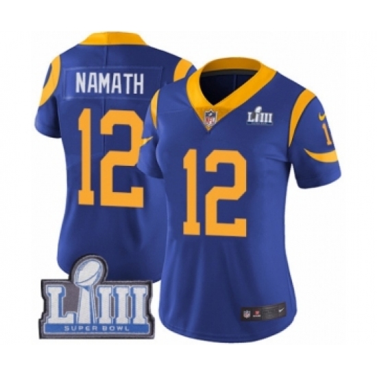 Women's Nike Los Angeles Rams #12 Joe Namath Royal Blue Alternate Vapor Untouchable Limited Player Super Bowl LIII Bound NFL Jersey - Ujersey