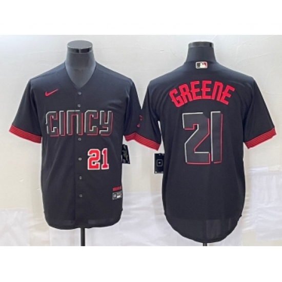 Men's Cincinnati Reds #21 Hunter Greene Number Black 2023 City Connect Cool Base Stitched Jersey1 - Ujersey
