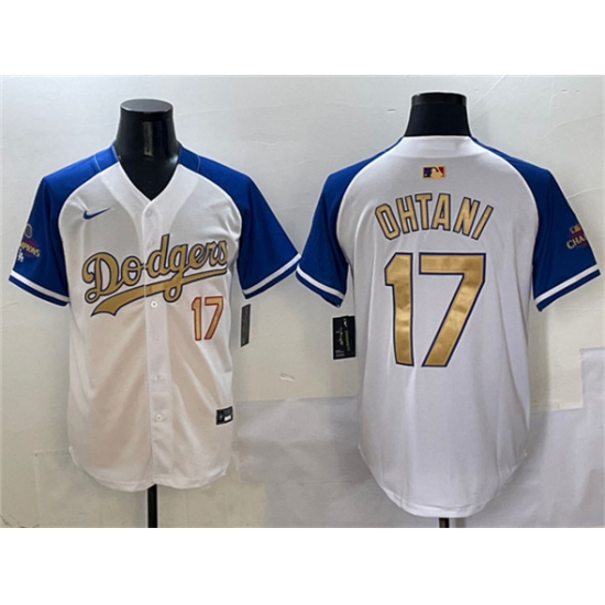 Men's Los Angeles Dodgers #17 Shohei Ohtani White Royal Gold 2024 World Series Champions Vapor Limited Stitched Baseball Jersey - Ujersey