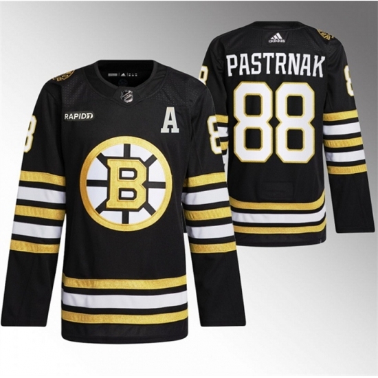 Men's Boston Bruins 88 David Pastrnak Black With Rapid7 100th Anniversary Stitched Jersey - Ujersey