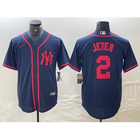 Men's New York Yankees #2 Derek Jeter Navy Red Fashion Cool Base Jersey - Ujersey