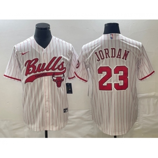 Men's Chicago Bulls #23 Michael Jordan White Pinstripe Cool Base Stitched Baseball Jersey - Ujersey