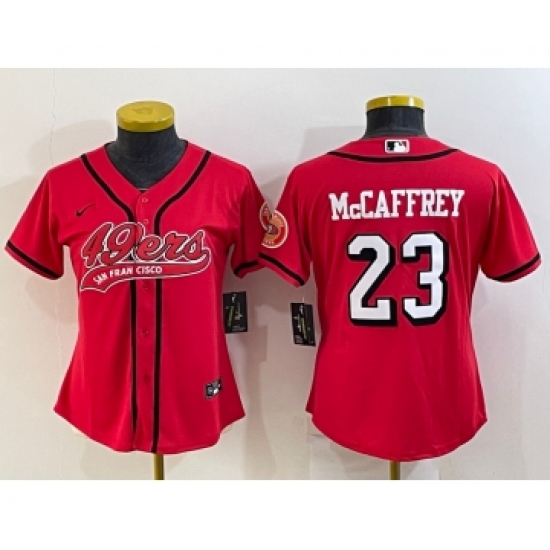 Women's San Francisco 49ers #23 Christian McCaffrey Red Color Rush With Patch Cool Base Stitched Baseball Jersey - Ujersey