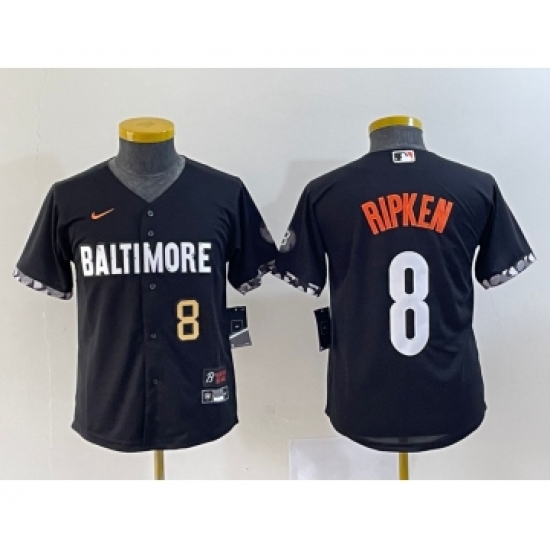 Youth Baltimore Orioles #8 Cal Ripken Jr Number Black 2023 City Connect Cool Base Stitched Jersey