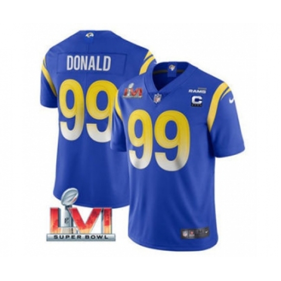 Men's Los Angeles Rams #99 Aaron Donald Royal 2022 With C Patch Super Bowl LVI Vapor Limited Jersey