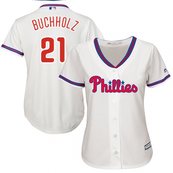 Women's Majestic Philadelphia Phillies #21 Clay Buchholz Replica Cream Alternate Cool Base MLB Jersey - Ujersey
