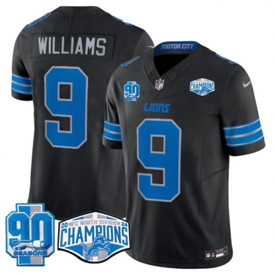 Men's Detroit Lions #9 Jameson Williams Black 2024 NFC North Champions 90th Anniversary F.U.S.E. Vapor Limited Stitched Jersey - Ujersey