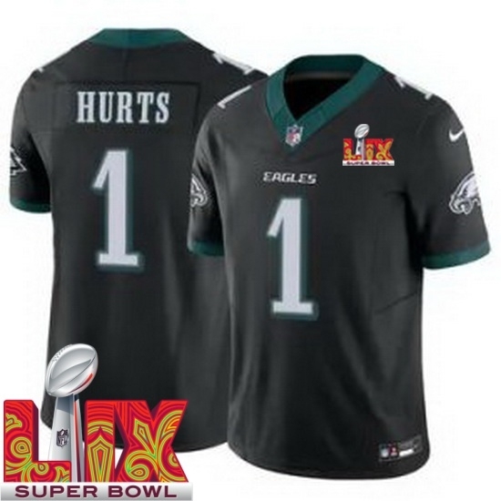 Youth Philadelphia Eagles Jalen Hurts #1 Black 2024 2025 Super Bowl LIX F U S E Stitched NFL Jersey - Ujersey