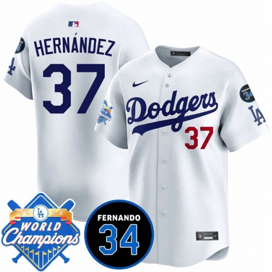 Men's Los Angeles Dodgers #37 Teoscar Hernandez White 2024 World Champions & Fernando Memorial Vapor Premier Home Limited Stitched Baseball Jersey - Ujersey