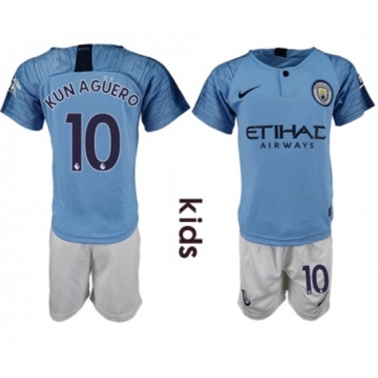 Manchester City #10 Kun Aguero Home Kid Soccer Club Jersey
