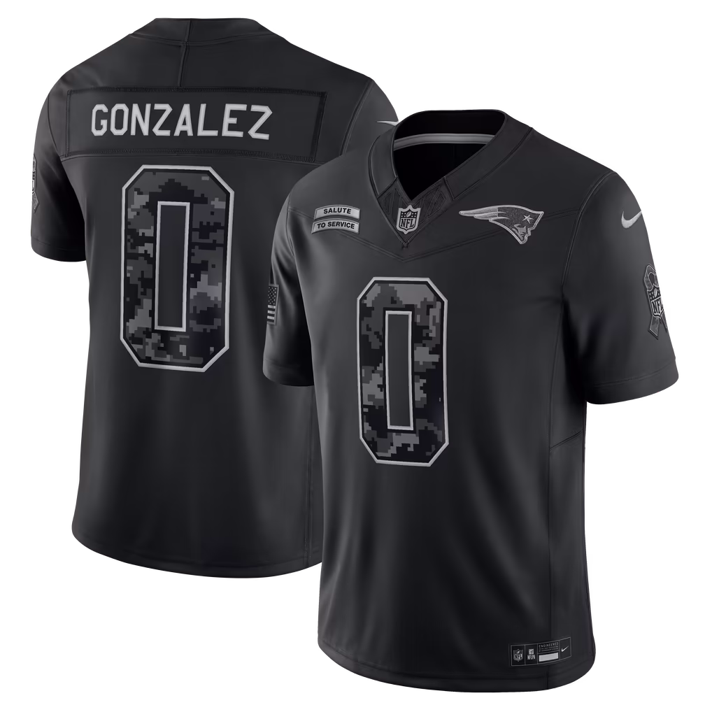Men's New England Patriots Christian Gonzalez Nike Black 2026 Salute to Service Stitched Limited Jersey