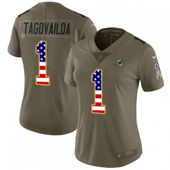 Women's Miami Dolphins #1 Tua Tagovailoa Olive USA Flag Stitched Limited 2017 Salute To Service Jersey - Ujersey