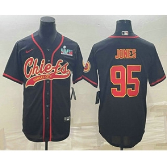 Men's Kansas City Chiefs #95 Chris Jones Black With Super Bowl LVII Patch Cool Base Stitched Baseball Jersey - Ujersey