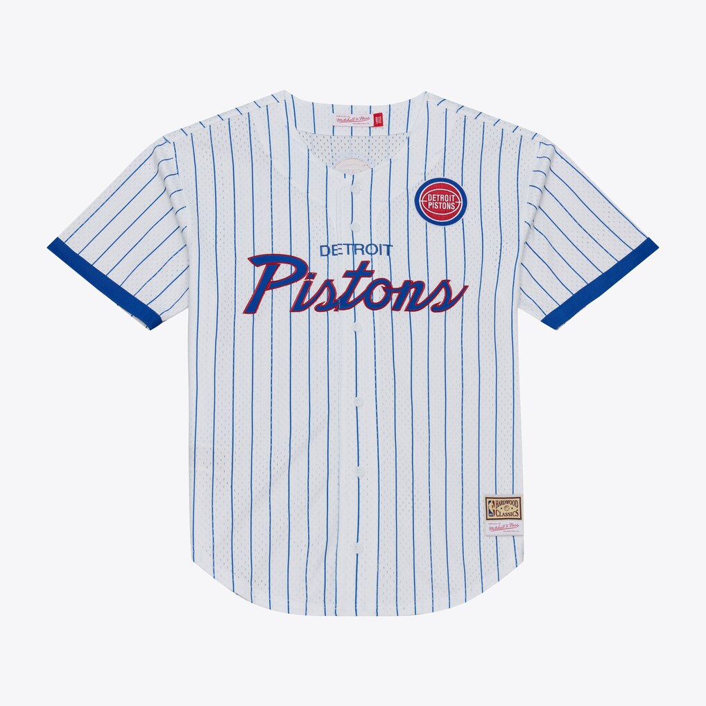 Men's Detroit Pistons Mitchell & Ness White Head Coach Pinstripe Mesh Full-Button Baseball Jersey - Ujersey