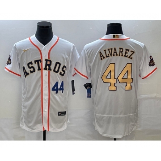 Men's Houston Astros #44 Yordan Alvarez Number 2023 White Gold World Serise Champions Flex Base Stitched Jersey - Ujersey