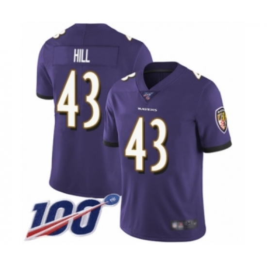 Men's Baltimore Ravens #43 Justice Hill Purple Team Color Vapor Untouchable Limited Player 100th Season Football Jersey - Ujersey