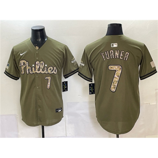 Men's Philadelphia Phillies #7 Trea Turner Olive 2026 Armed Forces Day Stitched Jersey