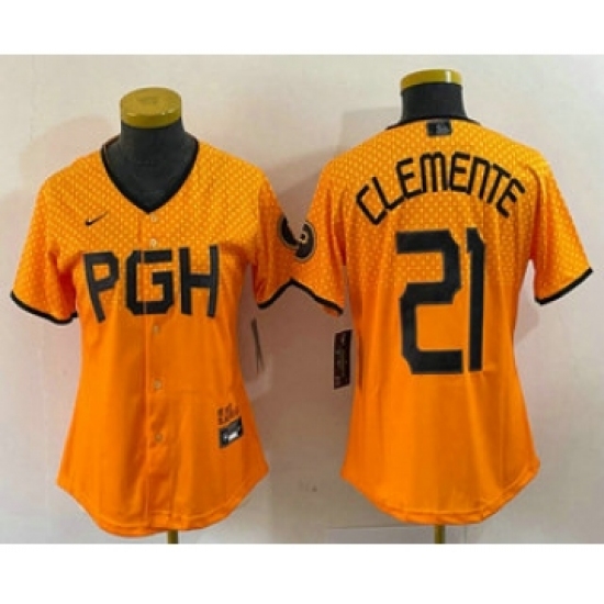 Women's Pittsburgh Pirates #21 Roberto Clemente Yellow 2023 City Connect Stitched Jersey - Ujersey