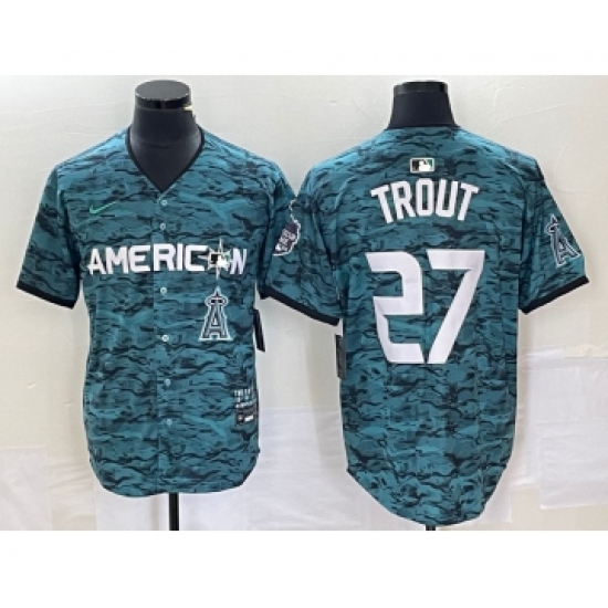 Men's Nike Los Angeles Angels #27 Mike Trout Teal 2023 All Star Cool Base Stitched Jersey1 - Ujersey