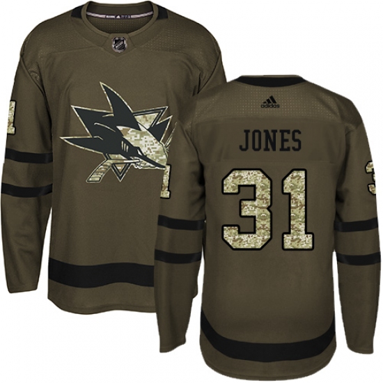Youth Adidas San Jose Sharks #31 Martin Jones Premier Green Salute to Service NHL Jersey - Ujersey