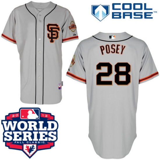 Men's Majestic San Francisco Giants #28 Buster Posey Authentic Grey Road 2 Cool Base 2012 World Series Patch MLB Jersey - Ujersey