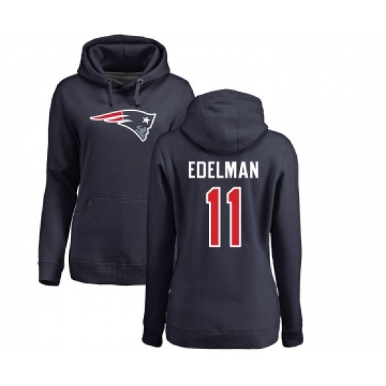 Football Women's New England Patriots #11 Julian Edelman Navy Blue Name & Number Logo Pullover Hoodie - Ujersey